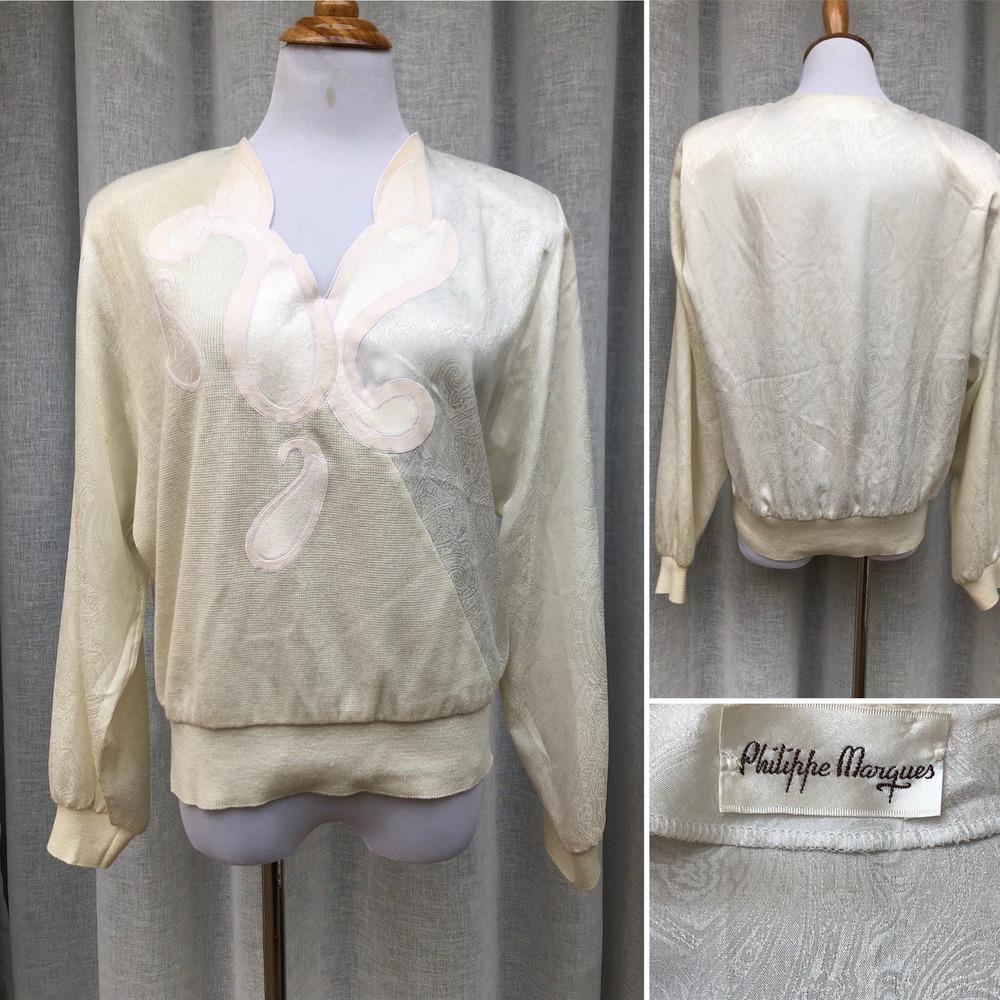VTG Philippe Marques cream, Off white, Ivory fabric applique Top sweater blouse